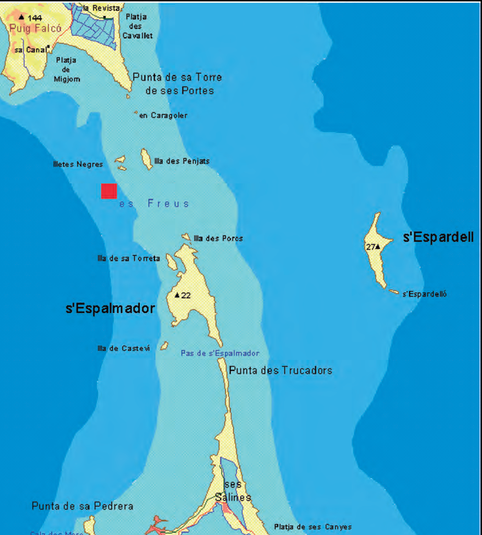 Figura 8. Situació aproximada de l'almadrava des Freus (senyalada amb un quadrat vermell), segons les dades del mapa anterior: al nord-est de s'Espalmador i gairebé endret del carregador de sal de la Savina.