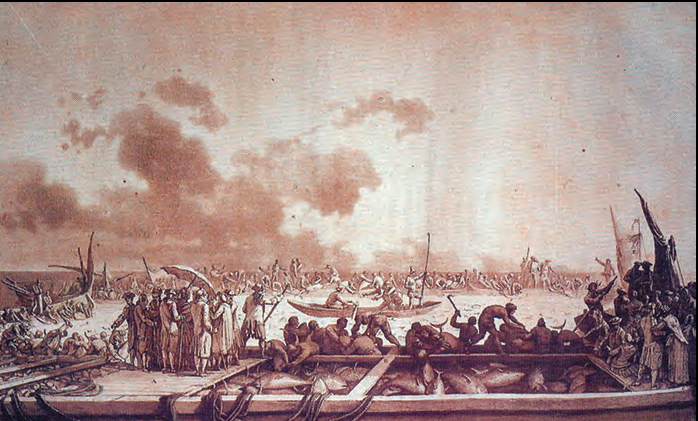 Figura 9. La pêche du thon, aiguafort de Jean-Pierre Houël (1735-1813). Escena de matança en què, havent aixecat el cóp de l'almadrava, les tonyines són mortes i issades a bord de les barques amb ganxos. Publicada a Voyage pittoresque des Isles de Sicile, de Malte et de Lipari, París, 1782.