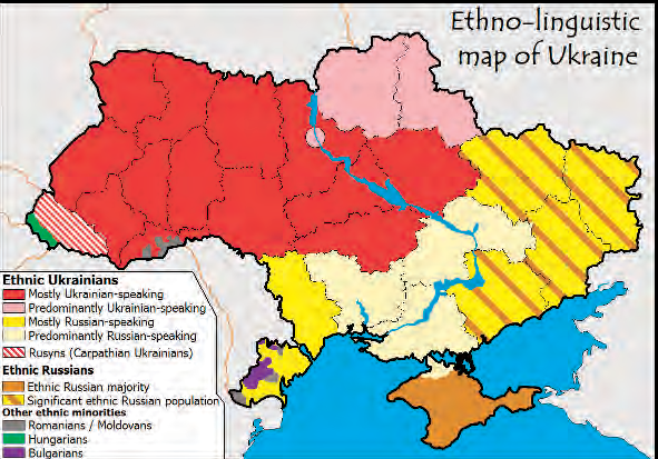 En el mapa es pot veure la distribució dels diversos grups ètnics sobre el territori d'Ucraïna. S'hi pot observar clarament, en vermell intens, la zona on predomina la població de parla ucraïnesa, mentre que a les zones pintades de groc hi predomina la població russòfona. Hi ha, a més, altres minories ètniques i lingüístiques (romanesa, hongaresa i búlgara).