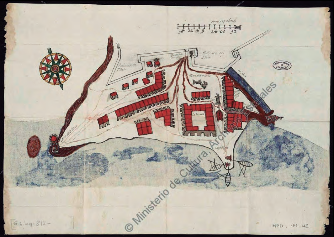 Plànol de la vila d'Eivissa de devers 1715, any en què finalitzà la Guerra de Successió (extret de l'Arxiu de Simancas).