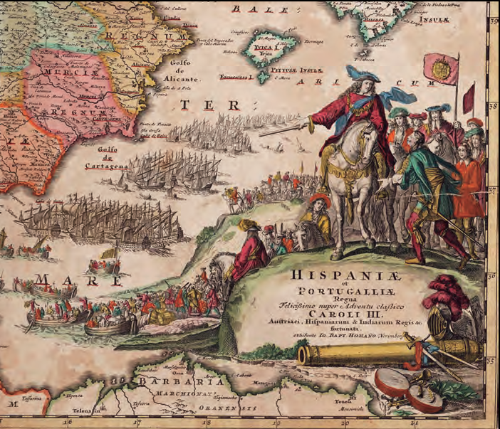Els canvis polítics i monàrquics també es reflecteixen en la cartografia. A dalt, fragment d'un mapa de la Península Ibèrica on apareixen les Pitiüses i, just a sota, la imatge de Carles III.