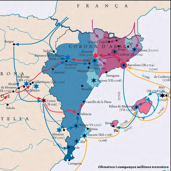 En el mapa, les ofensives i campanyes militars terrestres que tengueren lloc, durant la Guerra de Successió, fins al 1715, especialment en el territori de la corona d'Aragó.