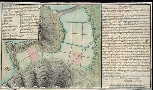 Les salines d'Eivissa en un mapa de 1744, quan el rei ja les havia confiscat a la Universitat.