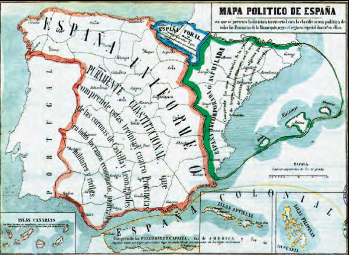 En aquest mapa polític de 1854 es reflecteix, vora l'Espanya uniforme, la foral i la colonial, l'Espanya incorporada o assimilada (els territoris de l'antiga corona d'Aragó)