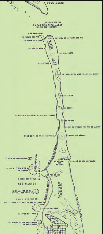 Mapa toponímic de la punta des Trucadors, Formentera (extret de Cosme Aguiló. Mapa toponímic dels illots de les Pitiüses [material cartogràfic] Palma: Conselleria de Cultura, Educació i Esports. Govern de les Illes Balears, 1989).