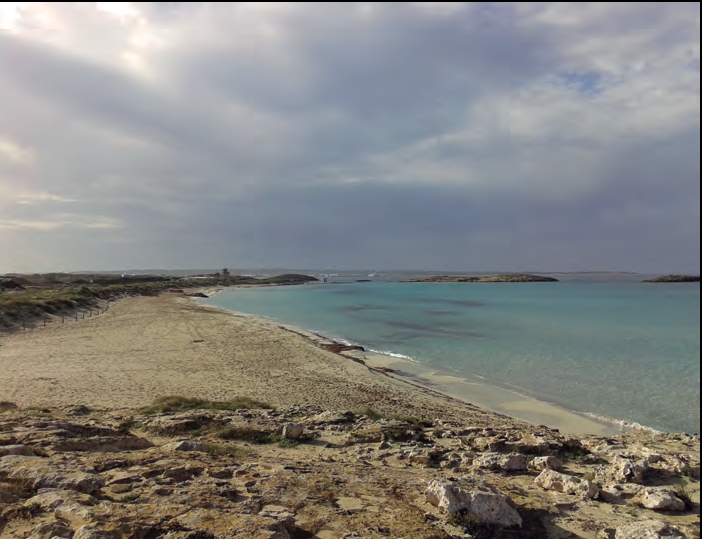 La platja de n'Adolf i al fons les illes d'en Forn o des Pouet (centre) i de Tramuntana (dreta).