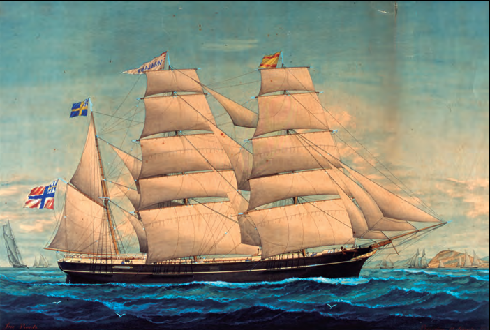Pintura al tremp de l'últim quart del s xix, obra de Josep Pineda Guerra, que representa una bricbarca o corbeta (Museu Marítim de Barcelona. Fons CDM).