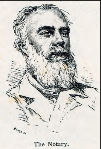 El notari Narcís Puget Sentí en un gravat aparegut a l'edició en anglès de 1896 de l'obra de Gaston Vuillier Les îles oubliées (1893) (Arxiu Històric d'Eivissa). Inclou text 'BARBA' i 'The Notary.'.