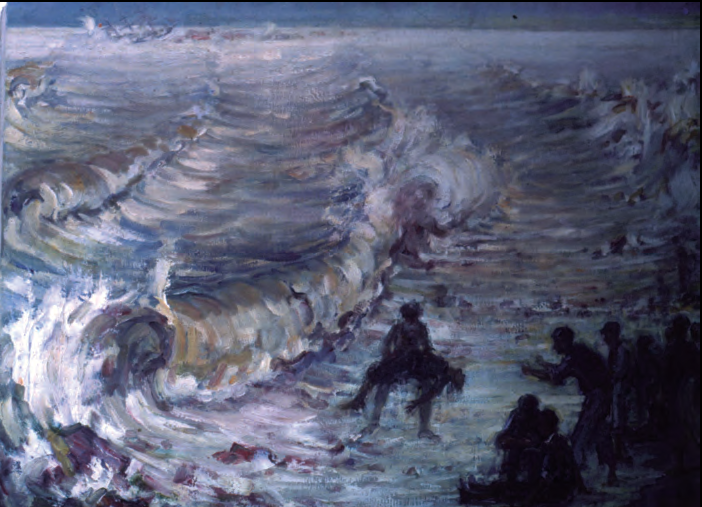Pintura al lusiva al salvament de la tripulació de l'Adolf, obra de Narcís Puget Viñas, de la qual es desconeix actualment el parador (oli sobre tela. 90 x 80 cm, fotografia cortesia de Guillermina Puget Reig).