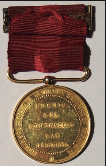 Anvers i revers de la Medalla d'Or amb què la Societat Espanyola de Salvament de Naufrags premià Narcís Puget (fotografies cortesia de la família Marí de la Paz).