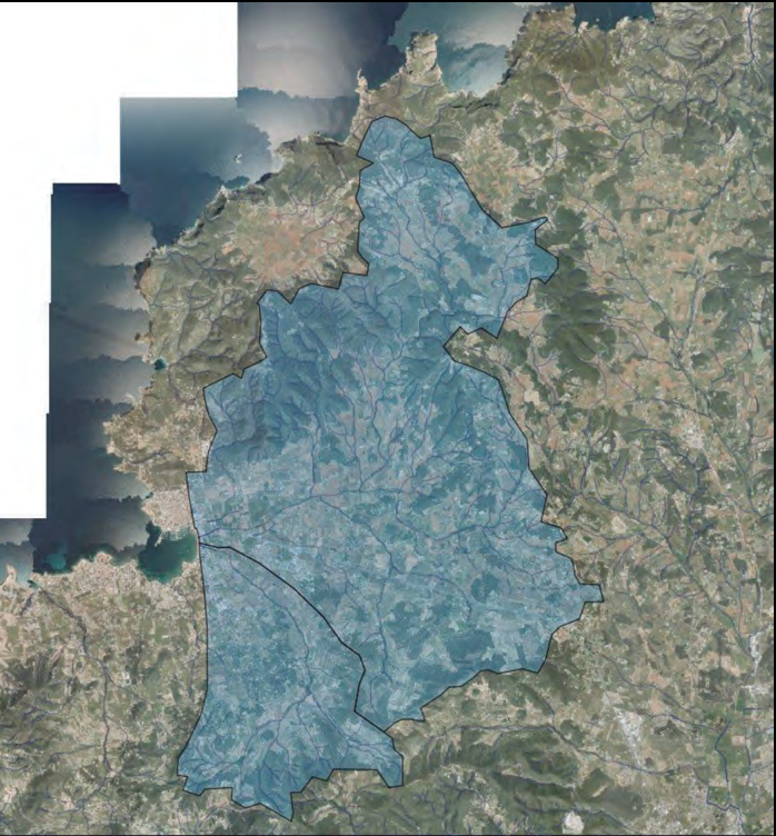 Figura 3. En blau es delimiten les conques (del torrent de Buscastell i del torrent des Regueró) que desemboquen al pla de Portmany sobre l'ortofotografia aèria de 2012. Font: WMS procedents de I'IDEIB.