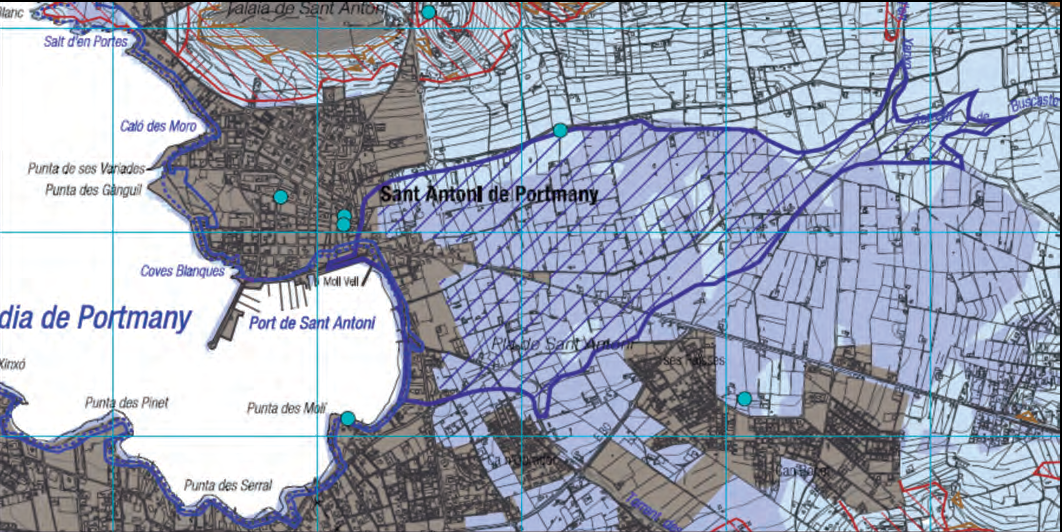 Figura 12. Fragment del full núm. 9 de la sèrie 3 de mapes, corresponent a les àrees de prevenció de riscos, BIC, LIC i ZEPA del Pla territorial insular d’Eivissa i Formentera. Es grafien en gris les àrees urbanes o urbanitzables, i la trama i el perímetre blau més fosc corresponen a la zona amb risc d’inundació.