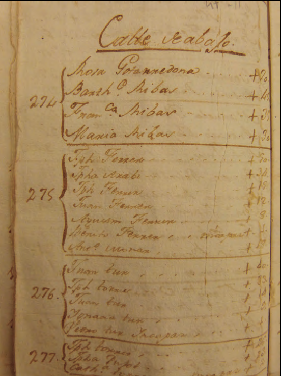 Fragment del full de la matrícula parroquial de Sant Salvador de la Marina de 1785 en què figura per primera vegada la família Ferrer «Miqueleta», la número 275. Viuen al carrer de Baix del raval de la Marina. Matrícula confeccionada pel prevere Nicolau Planells. AHPE.