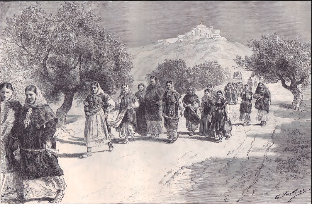 Al-lotes tornant de missa de Santa Eulària. Gravat de Gaston Vuiller publicat a l'article «Voyage aux iles Baléares», Le Tour du Monde (1888).