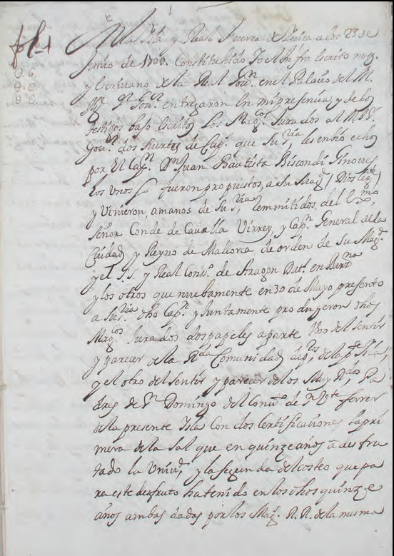 Primera pàgina interior del document d'arrendament de les salines, de 1709. Arxiu Històric d'Eivissa (AHE).