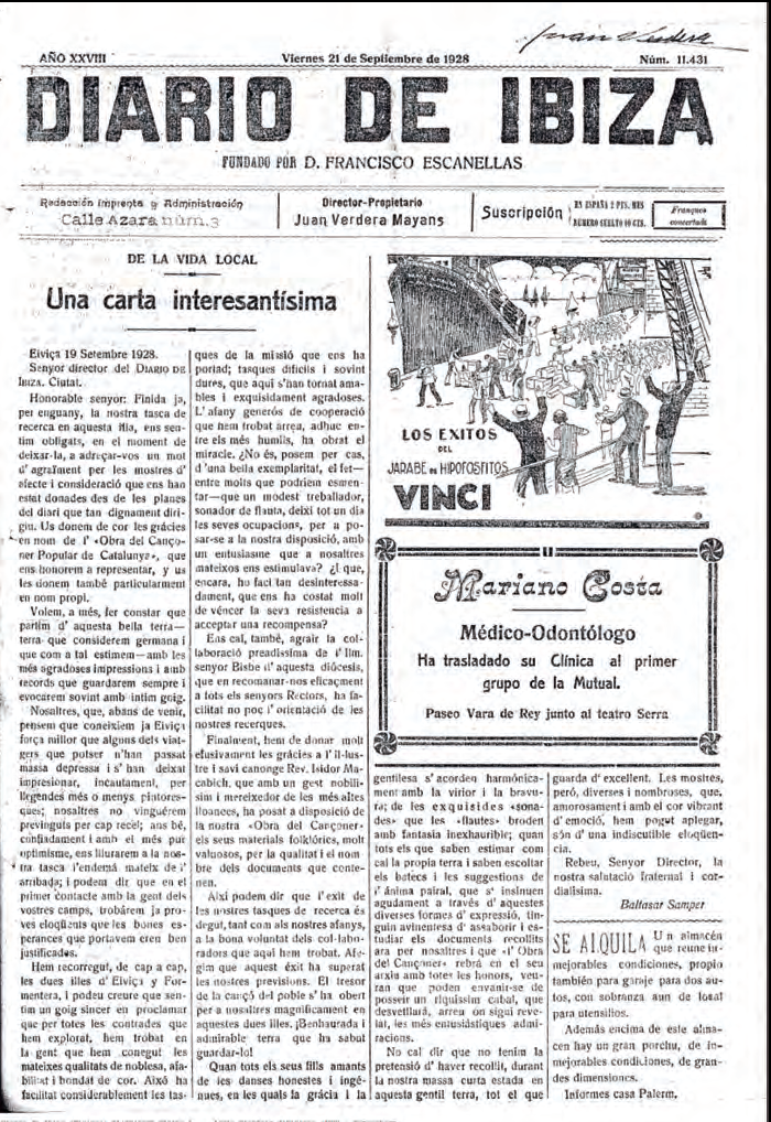 La carta de Samper al Diario de Ibiza