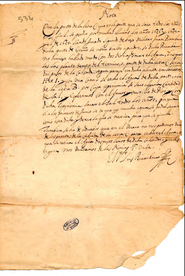 La pàgina 534 del document Plante de l'Etang des Salines de l'Isle d'Evisse avec une description du Metode, que l'on tient pour y faire le Sel (Archivio di Stato di Torino, Gabella Sale Savoia, Mazzo 2, Fascicolo 26, núm. 26).