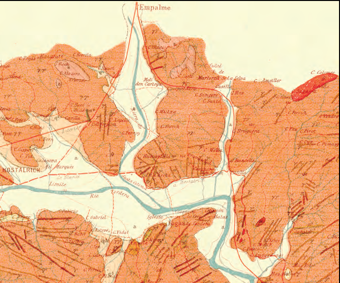 Detall del Mapa geológico y topográfico de la provincia de Barcelona: región cuarta ó del río Tordera detallada, de Jaume Almera i Eduard Brossa. Diputació de Barcelona, 1913 (Institut Cartogràfic de Catalunya, RM. 23924). A la part central s'hi pot veure Buscastell, entre les rieres de Santa Coloma i de Martorell, a ponent i llevant respectivament, i la Tordera i el camí d'Hostalric, a migjorn.