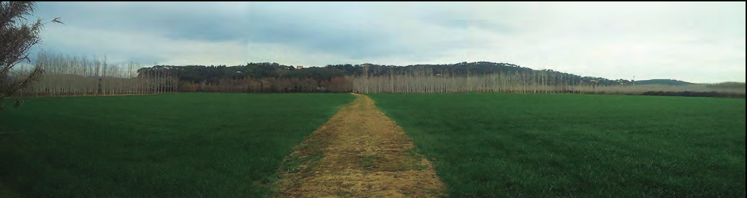 Vista panoràmica del pla que s'estén entre la Tordera i Buscastell, i que devia ser l'era de Buscastell, on va acampar l'exèrcit francés el 1694. Al fons, el massís de Buscastell, tot boscós, i al mig, una mica a l'esquerra, el mas de Buscastell, que domina tot el territori (fotografia: Enric Ribes).