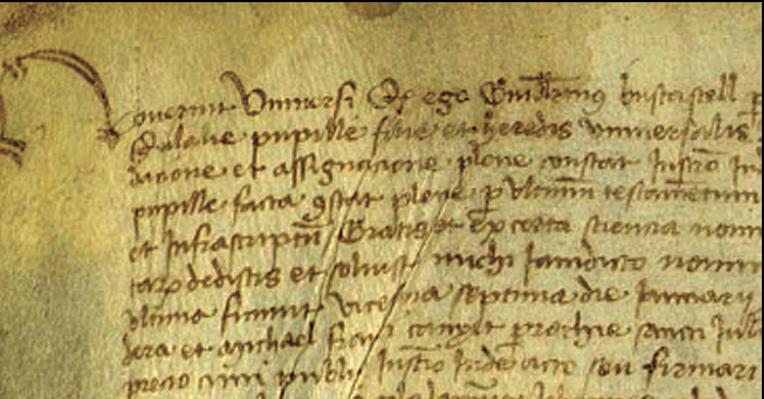 A dalt, detall del document de 1459 en què apareix Guillem Buscastell (ANC, fons ANC1-714/ Llinatge Regàs-Cuyàs, ANC1-714-T-116). A la dreta, restes actuals de l'antiga font de Buscastell (fotografia: Enric Ribes).