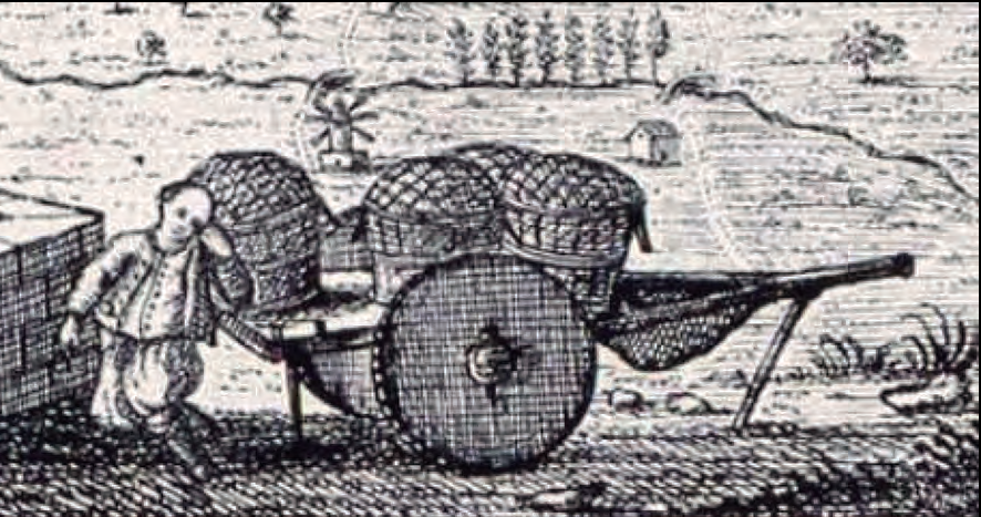 Carro de parell mallorquí amb rodes plenes al segle XVIII. S'hi pot veure la garrova (clàvia) que trava la roda al fusell i els claus que protegeixen el caire de la roda. Les bandes estan desmuntades i el carro carrega quatre portadores de raïm (Mapa del cardenal Despuig. Vinyeta de Porreres. 1784).