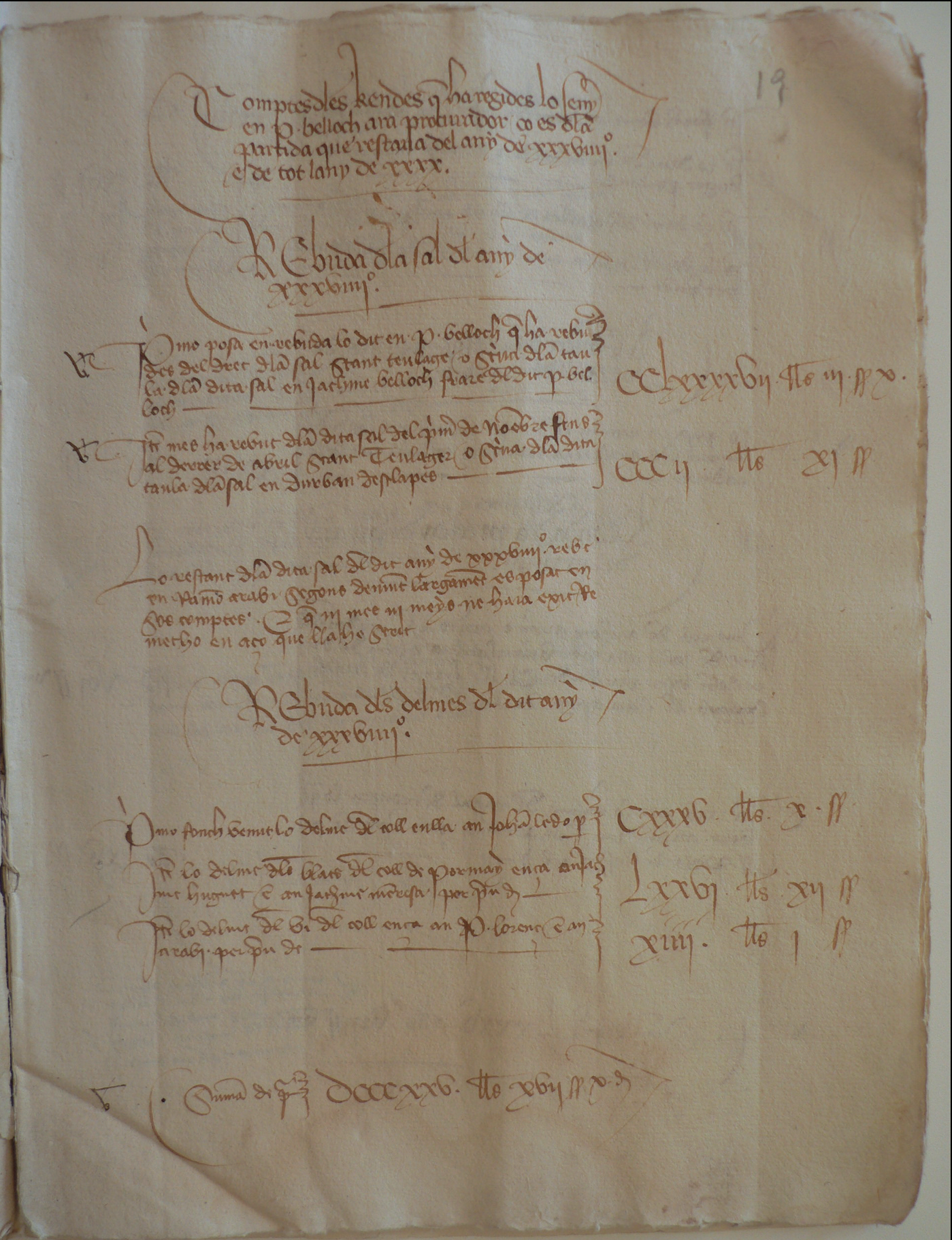 Foli 19r del manuscrit: inici dels comptes de Pere Belloc (1439).