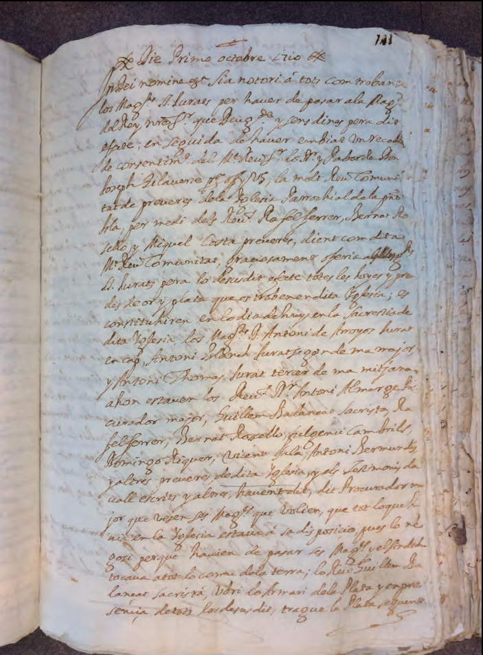 Llibre de Juraria 1710-1712. Acta de la reunió realitzada entre els jurats de la Universitat i els membres de la reverenda comunitat de la parròquia de Santa Maria d'Eivissa l'octubre de l'any 1710. AHE.