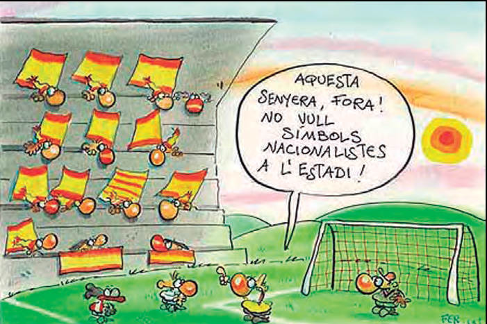 Esquerra: Acudit de Fer amb senyeres espanyoles i una catalana a l'estadi. Dreta: Logos de Bonpreu i Esclat.