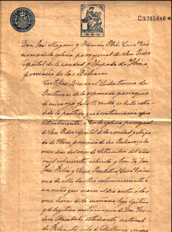 Primera pàgina de la fe de baptisme d'Isidor Macabich.