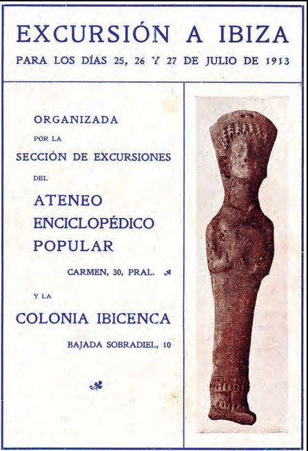Portada de l'opuscle que rebien els excursionistes a Eivissa. Imprès a La Neotipia, consta de vuit pàgines amb tres fotografies. A l'interior, com una guia convencional, hi ha tres apartats: l'illa d'Eivissa, els costums i les excursions previstes. A més, hi ha uns advertiments «contractuals» sobre responsabilitats de l'organització («no se suspendrà l'excursió per causa del mal temps», que, segons les cròniques del viatge varen trobar) i de les persones embarcades («no es permetran equipatges a la coberta per facilitar-hi el lliure trànsit, s'hauran de portar a la bodega...»).