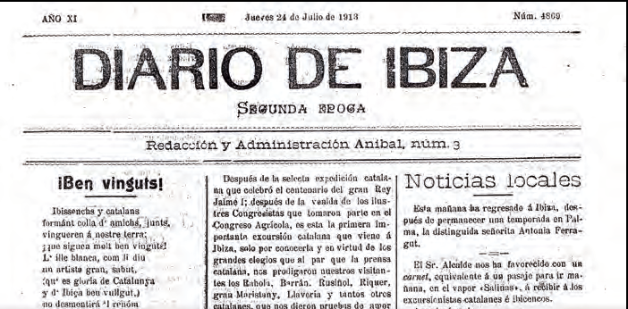 Portada del Diario de Ibiza, 24 de juliol de 1913