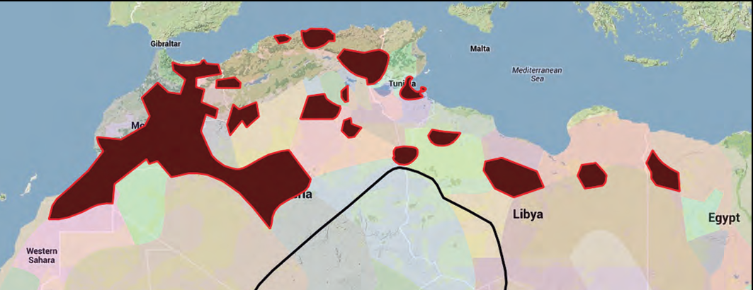 A sobre, els territoris on encara es parla l'amazic, repartits per tot el nord d'Àfrica i moltes vegades en àrees sense cap interconnexió.