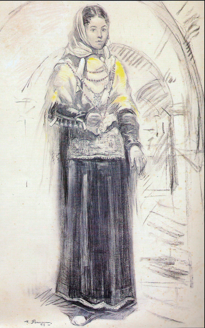 Dibuix de la col·lecció Trajes típicos pitiusos, núm. I. Vestit de Gonella, 1953.