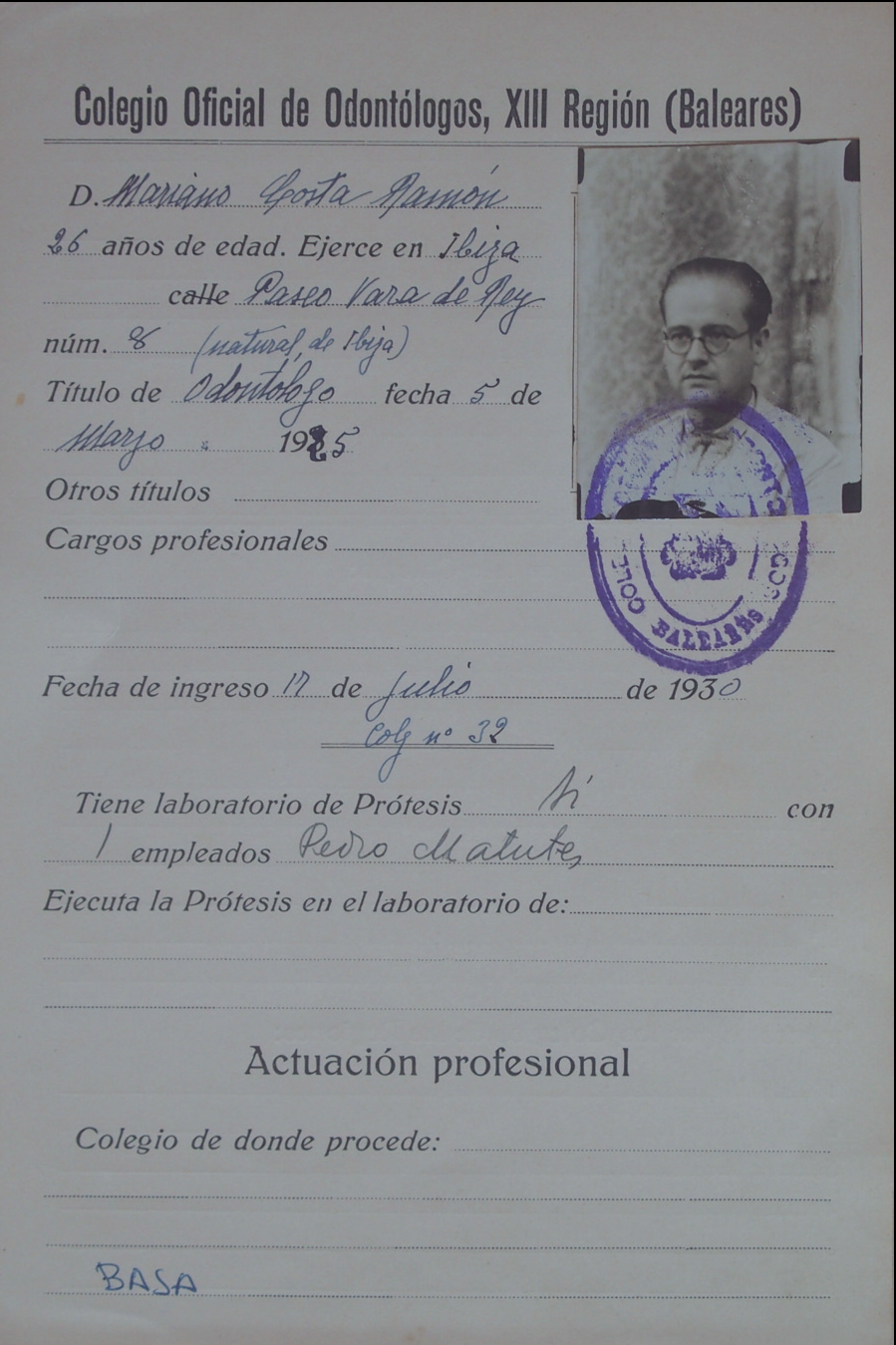 Fitxa de col·legiació del dentista Marià Costa.