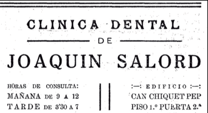 Publicitat del menorquí Joaquim Salord, després de la inauguració de la seua clínica dental, el 20 d'abril de 1935.