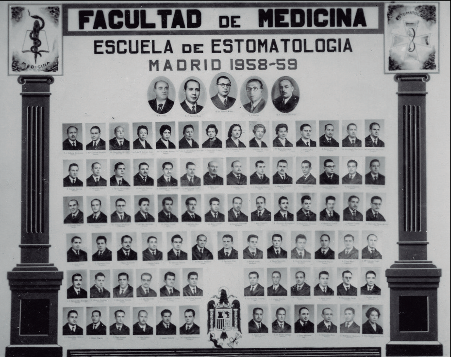 Informació del Diario de Ibiza del 18 d'abril de 1935, de la inauguració de la clínica de Joaquim Salord. Orla de la promoció d'estomatòlegs de 1958-1959, on apareix Enric Canet Traïd.
