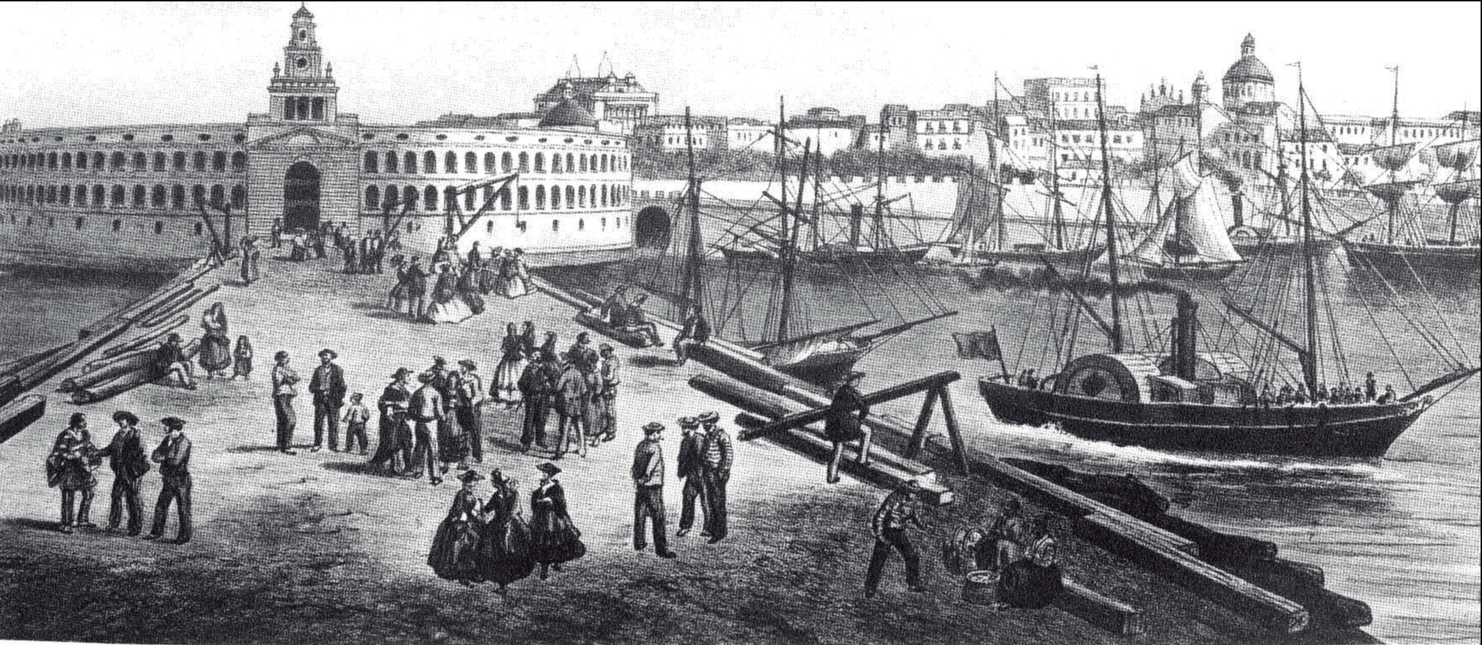 Buenos Aires en una litografia de Deroy, feta a partir de l'original realitzada a París el 1861. S'hi veu el moll durante la seua construcció, entre 1854 i 1860, i la duana.