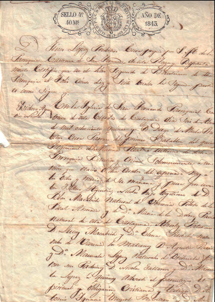 Primera pàgina de la fe de baptisme de l'avi d'Isidor Macabich (al número 62 de la revista no va aparèixer per error).