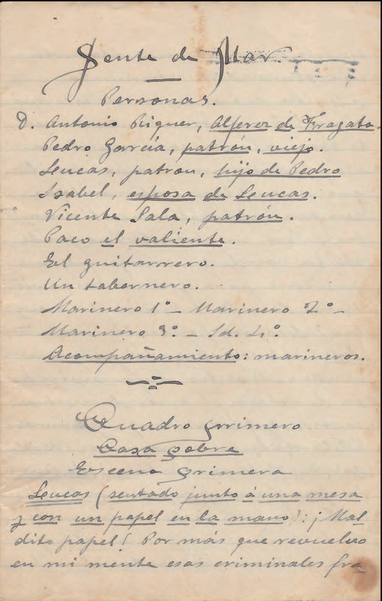 Primera pàgina d'un dels dos manuscrits que guardava Macabich de l'obreta teatral Gente de mar.
