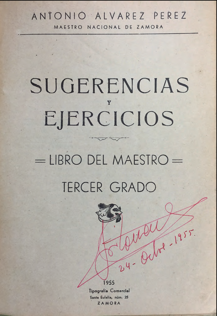 Llibre que havia estat del mestre Josep Torrents, director de l'escola graduada Vara de Rey, diputat provincial i alcalde franquista.