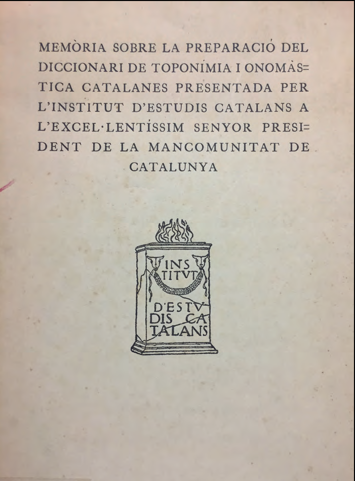 Portada de la Memòria sobre la preparació del Diccionari de toponímia i onomàstica... (1922).