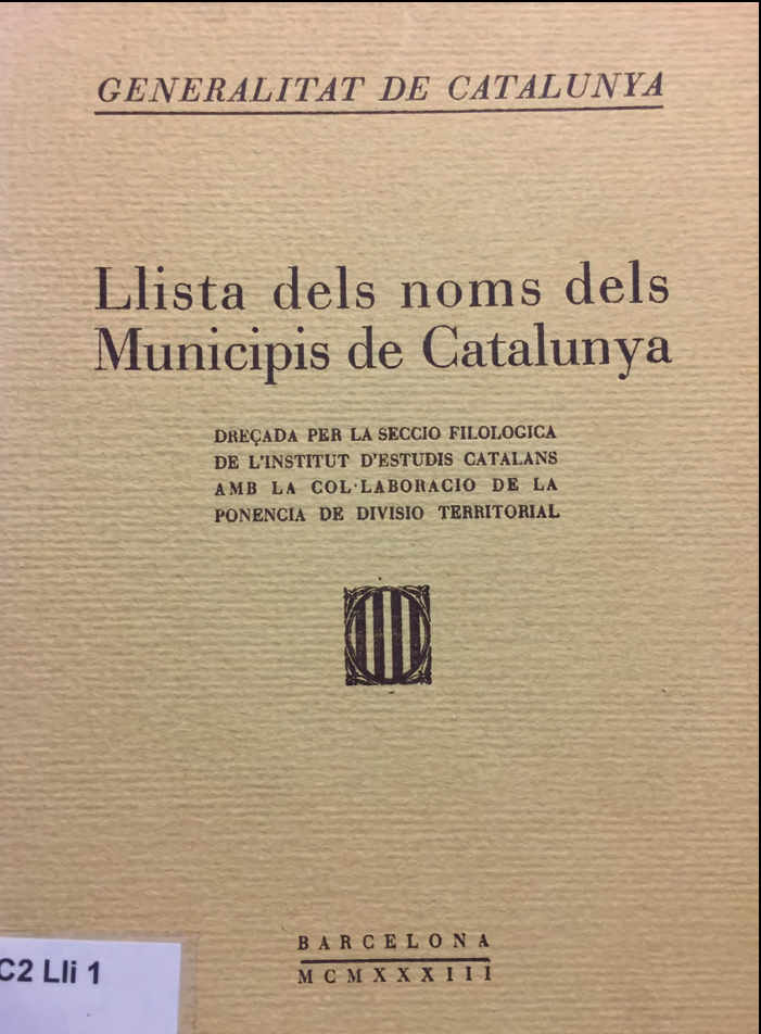 Portada de la Llista dels noms dels Municipis de Catalunya... (1933).