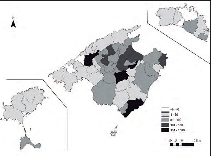 creixement relatiu de la població disseminada entre 2000 i 2015. Nomenclàtor 2000 i 2015 (%)
