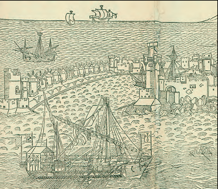 Un port medieval amb embarcacions (web del Col·legi Oficial de Doctors i Llicenciats en Filosofia i Lletres i en Ciències de Catalunya).