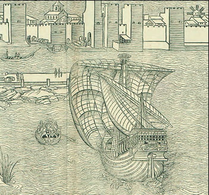 Dibuix d'un port medieval amb embarcacions (web del Col·legi Oficial de Doctors i Llicenciats en Filosofia i Lletres i en Ciències de Catalunya).