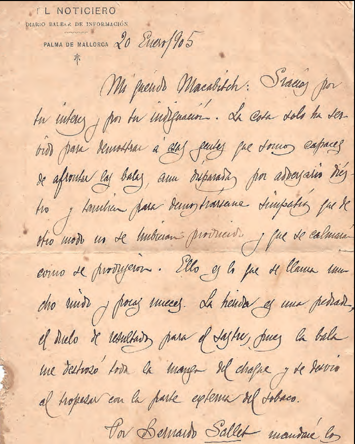 Primera pàgina de la carta dirigida a Macabich, en què Lluc Costa parla de la ferida de bala.