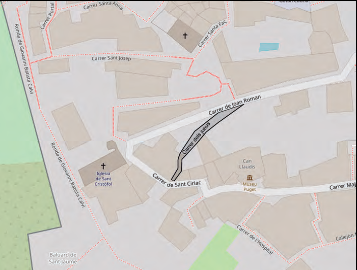 Antic traçat del carrer dels Jueus des del carrer de Joan Roman fins al carrer de Sant Ciríac. Col·laboradors de OpenStreetMap amb el traçat de Martín & Riera (2019).