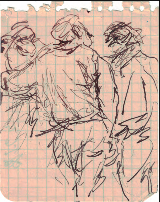 Esbós de tres figures dempeus, possiblement a l'exterior, dibuixat en paper quadriculat.