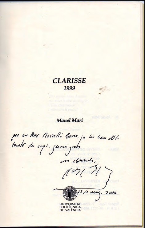 Dedicatòria de Manel Marí a l'autor de l'article, del seu llibre de poemes Clarisse (1999), editat a València.