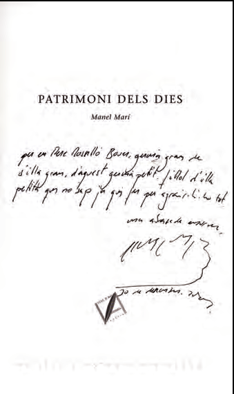 Dedicatòria personal de Manel Marí del seu poemari Patrimoni dels dies, editat per l'Institut d'Estudis Eivissencs.